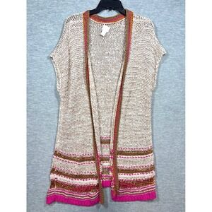 Chico's Long Line Sleeveless Cardigan Sweater Open Tan Brown Metallic Sz 3 Large